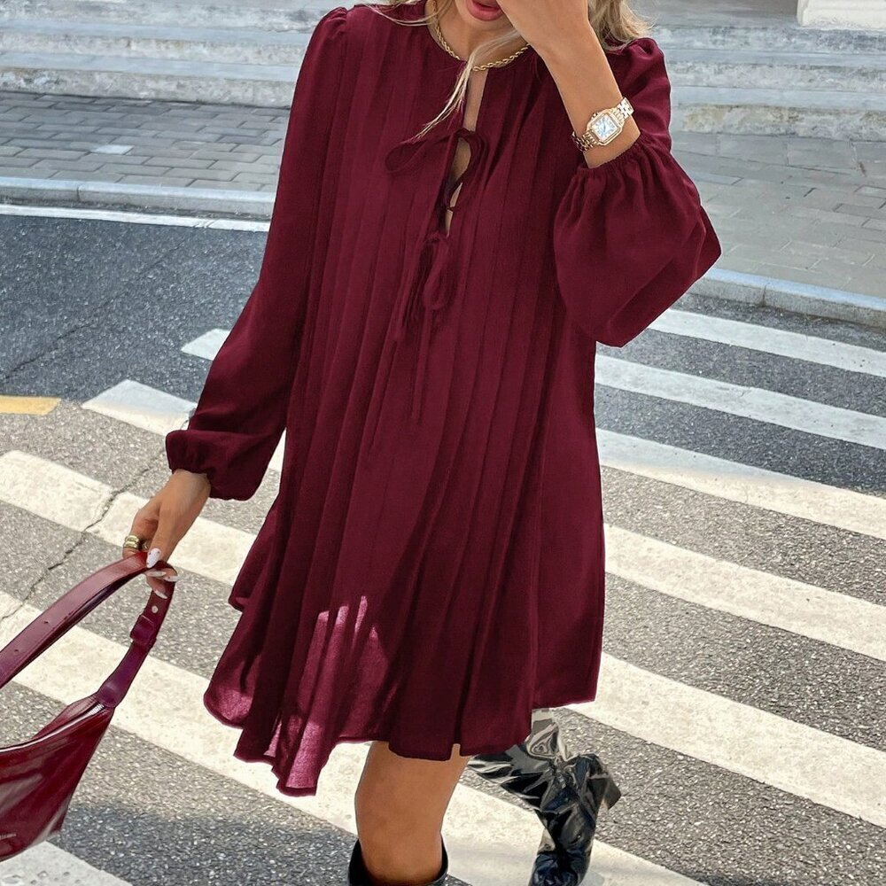 Burgundy Casual Women's Pleated long sleeved mini Dress